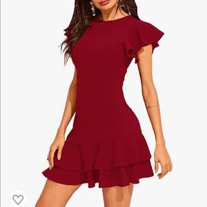 Red Layered Ruffle Hem Flutter Sleeve Dress